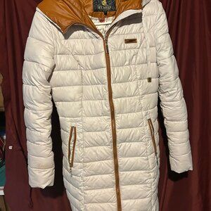Women's White and Tan Puffer Coat